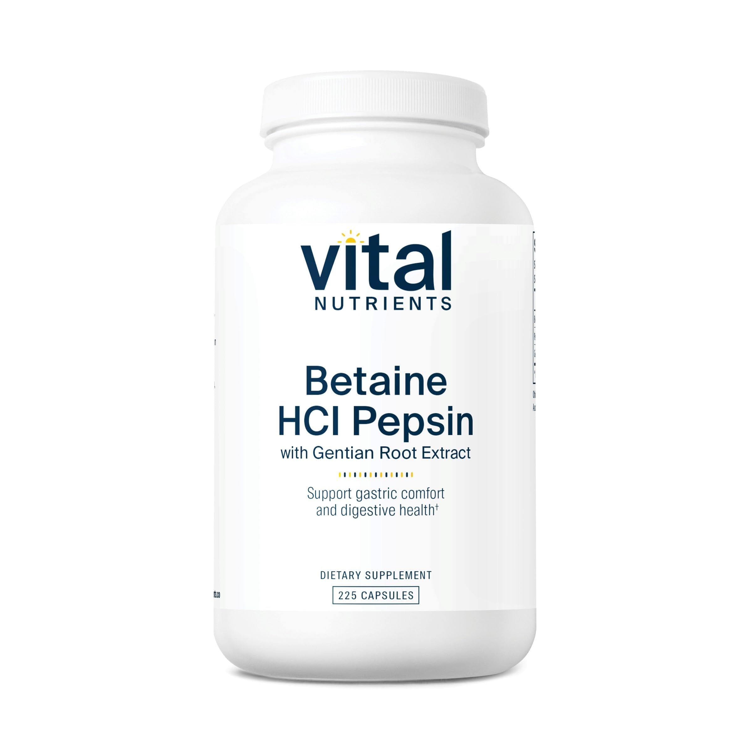 Vital Nutrients Betaine HCl Pepsin bottle front with label highlighting protein digestion support.