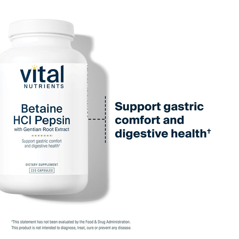 Vital Nutrients Betaine HCl Pepsin label artwork emphasizing clean, allergen-free formula.