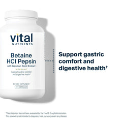 Vital Nutrients Betaine HCl Pepsin label artwork emphasizing clean, allergen-free formula.