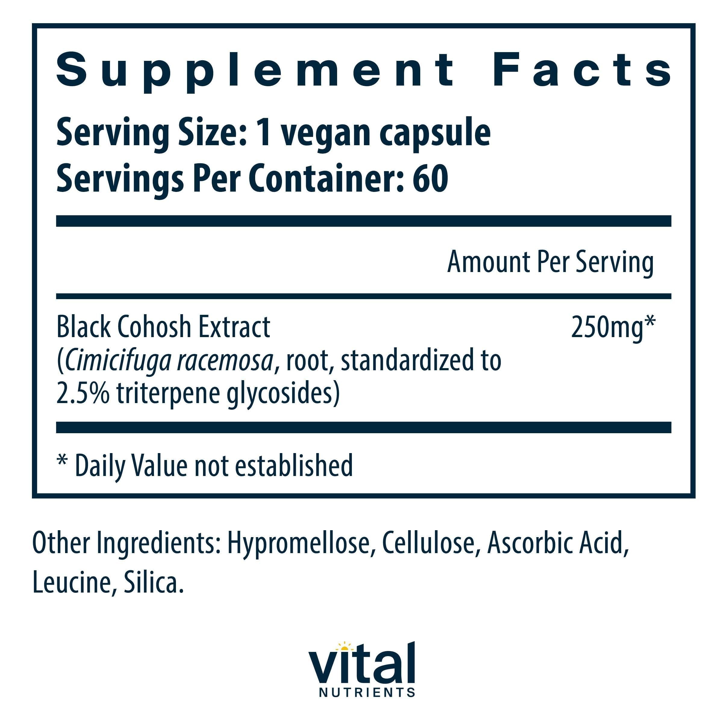 Vital Nutrients capsules showing vegan, allergen-free formula for PMS relief.