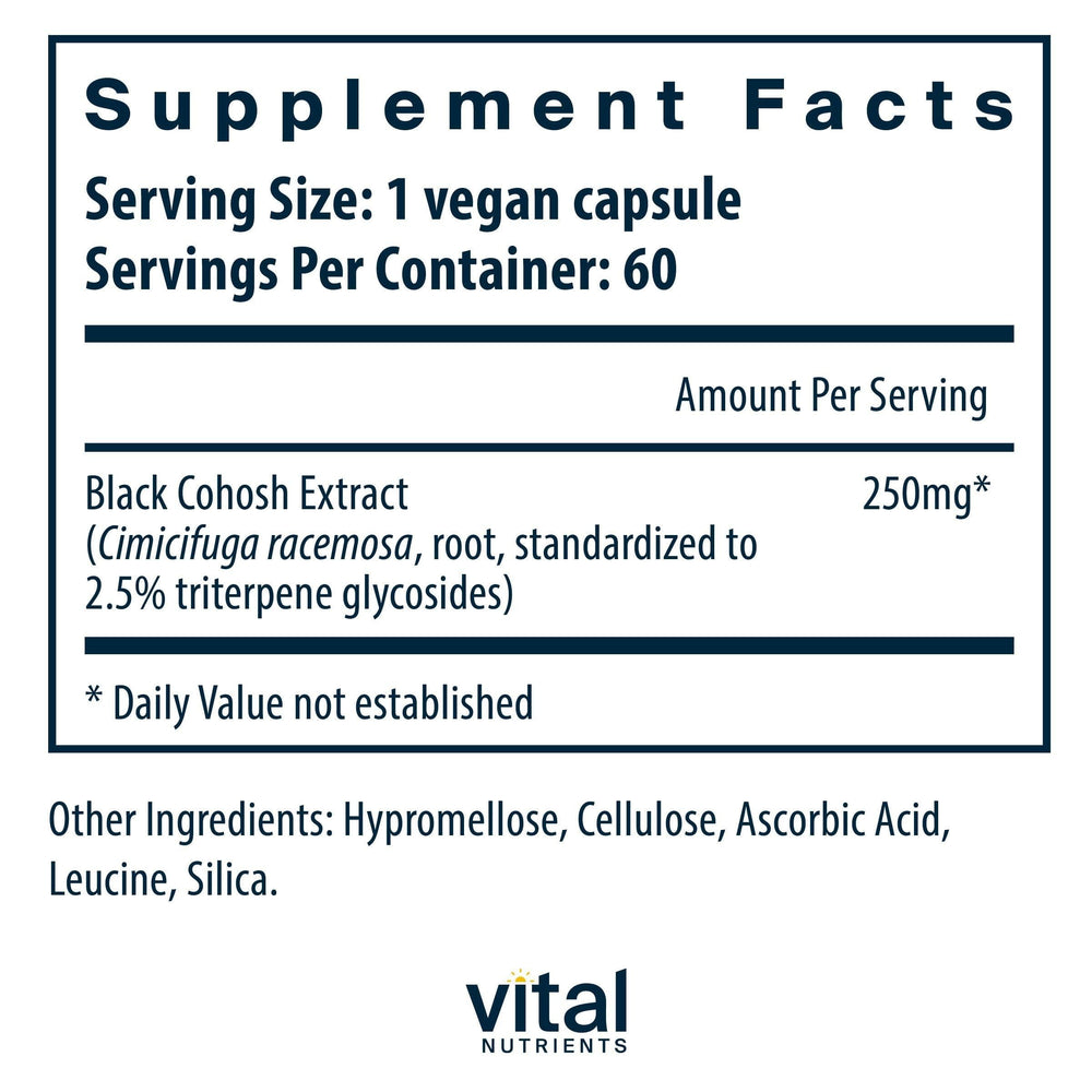 Vital Nutrients capsules showing vegan, allergen-free formula for PMS relief.