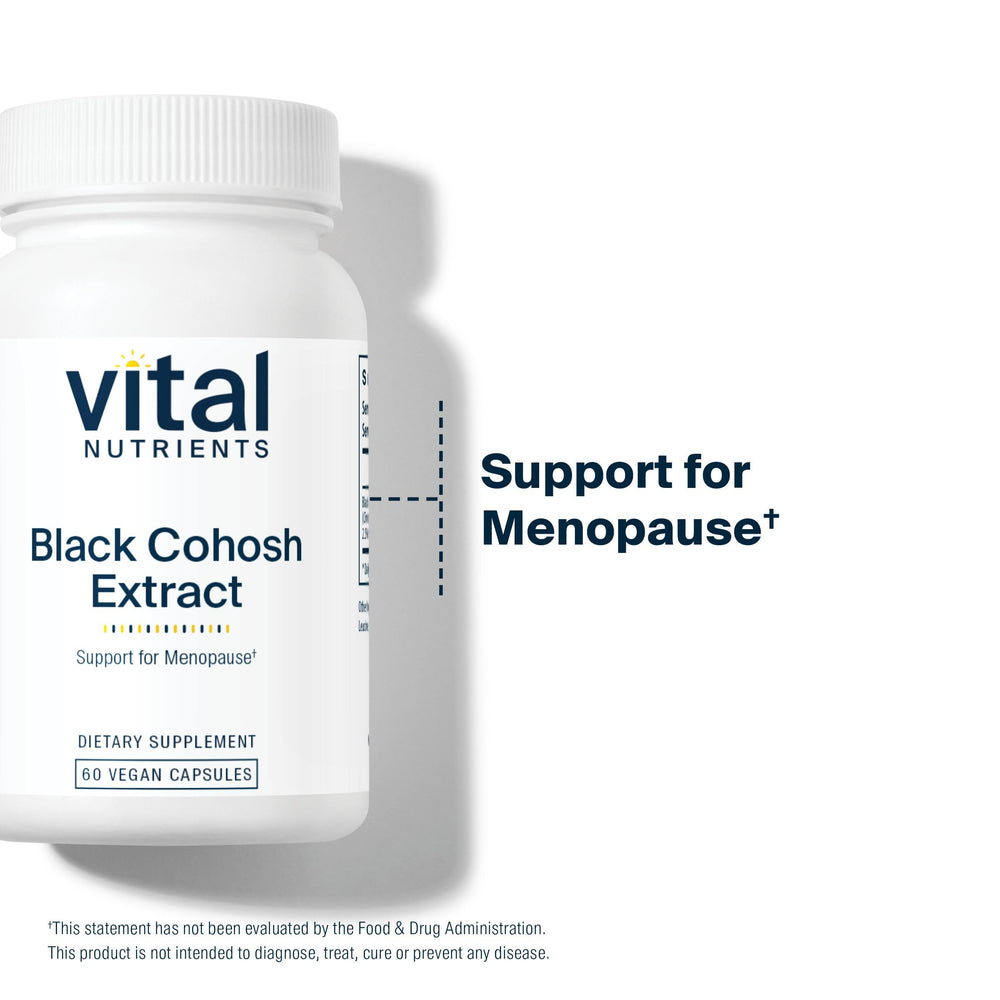 Vital Nutrients glass bottle image conveys premium menopause support capsules.