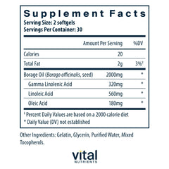 Vital Nutrients Borage Oil softgels shown on white surface for daily omega-6 balance