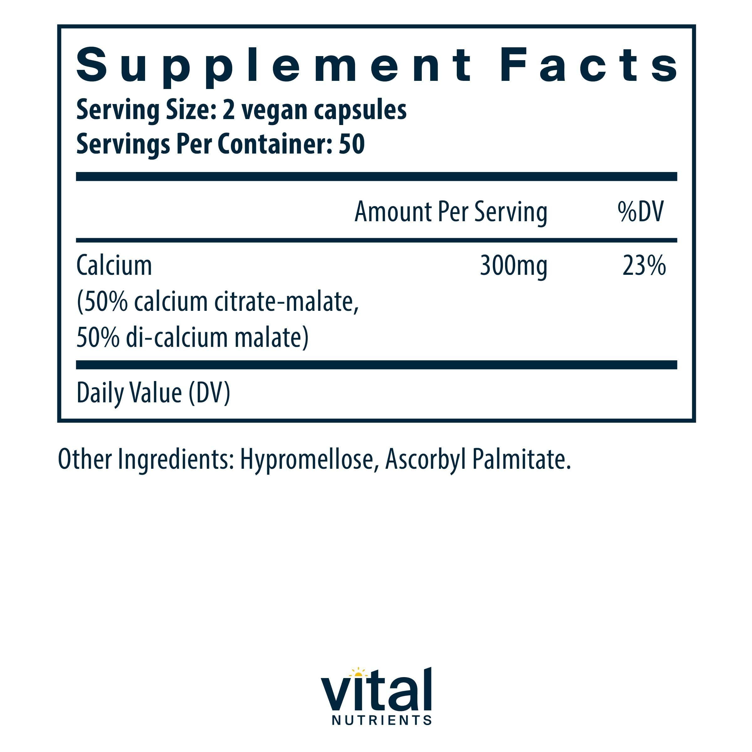 Vital Nutrients bottle back with per-pack details for easy daily calcium intake
