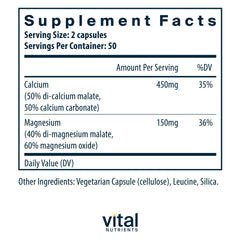 Vital Nutrients Calcium Magnesium bottle back highlights allergen-free, gluten-free and non-GMO formula