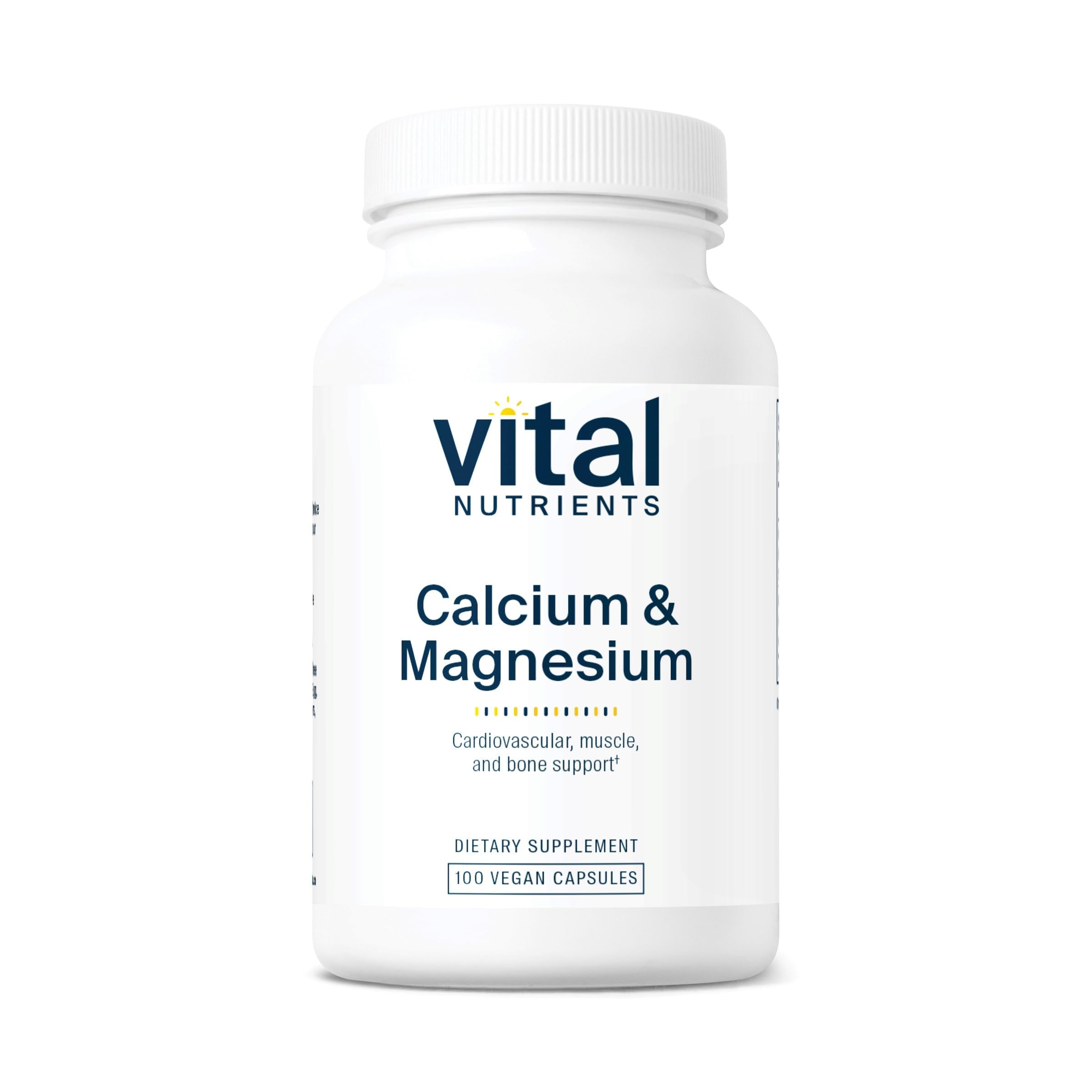 Vital Nutrients Calcium Magnesium bottle front, vegan formula supporting bones and heart health