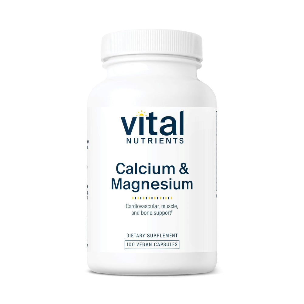 Vital Nutrients Calcium Magnesium bottle front, vegan formula supporting bones and heart health