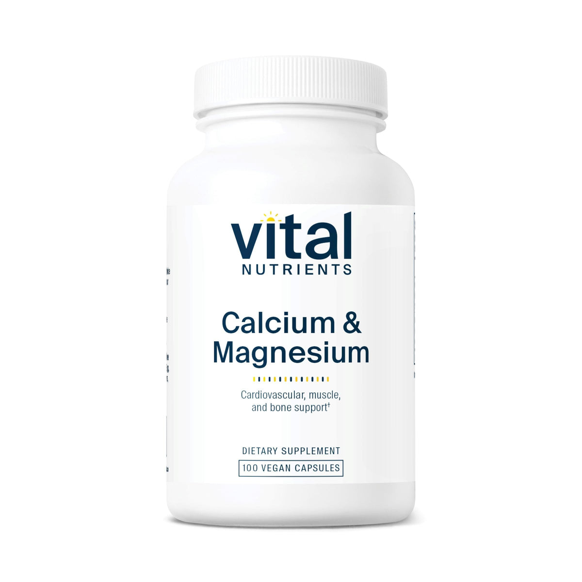 Vital Nutrients Calcium Magnesium bottle front, vegan formula supporting bones and heart health