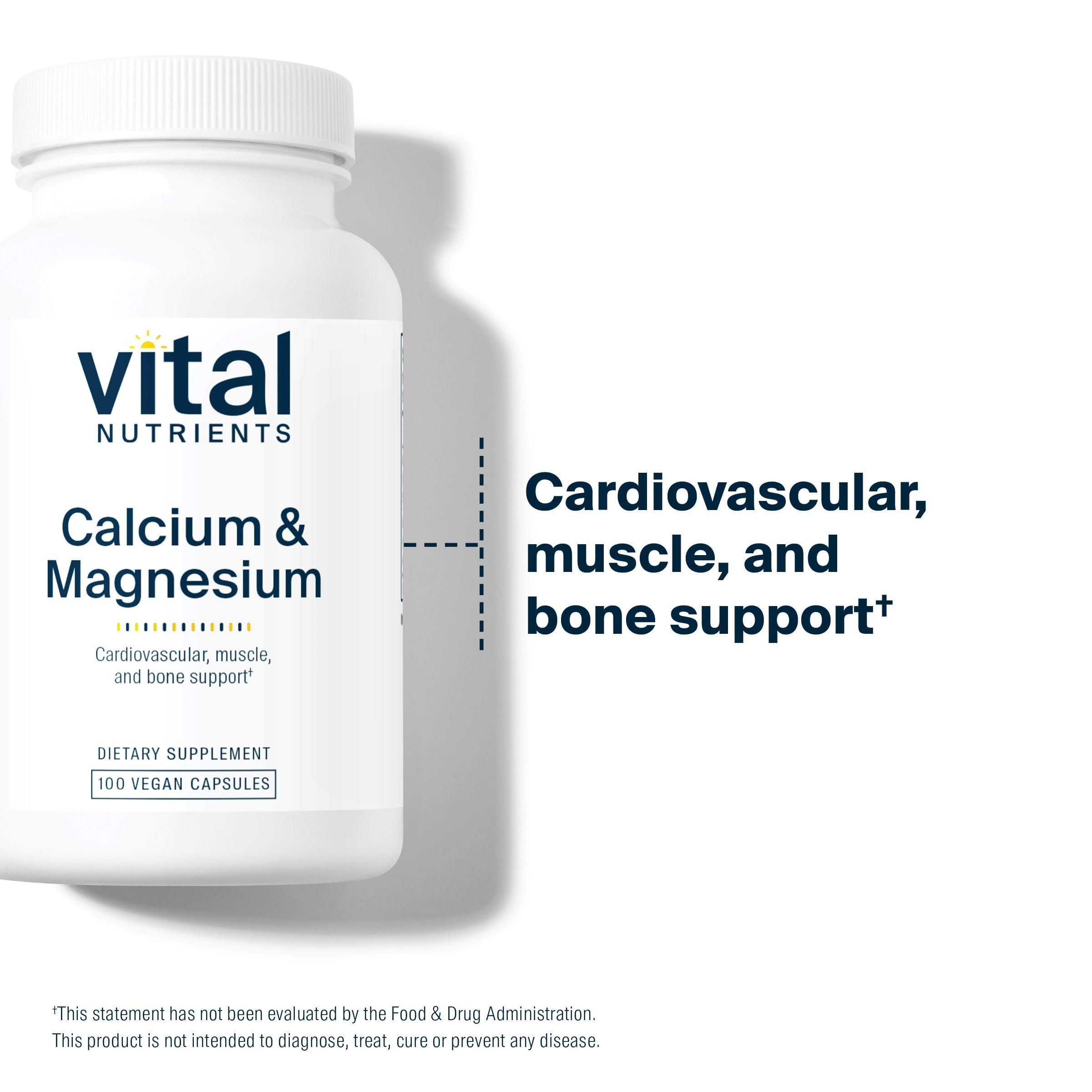 Vital Nutrients Calcium Magnesium capsules close-up showing easy-to-swallow vegan capsules