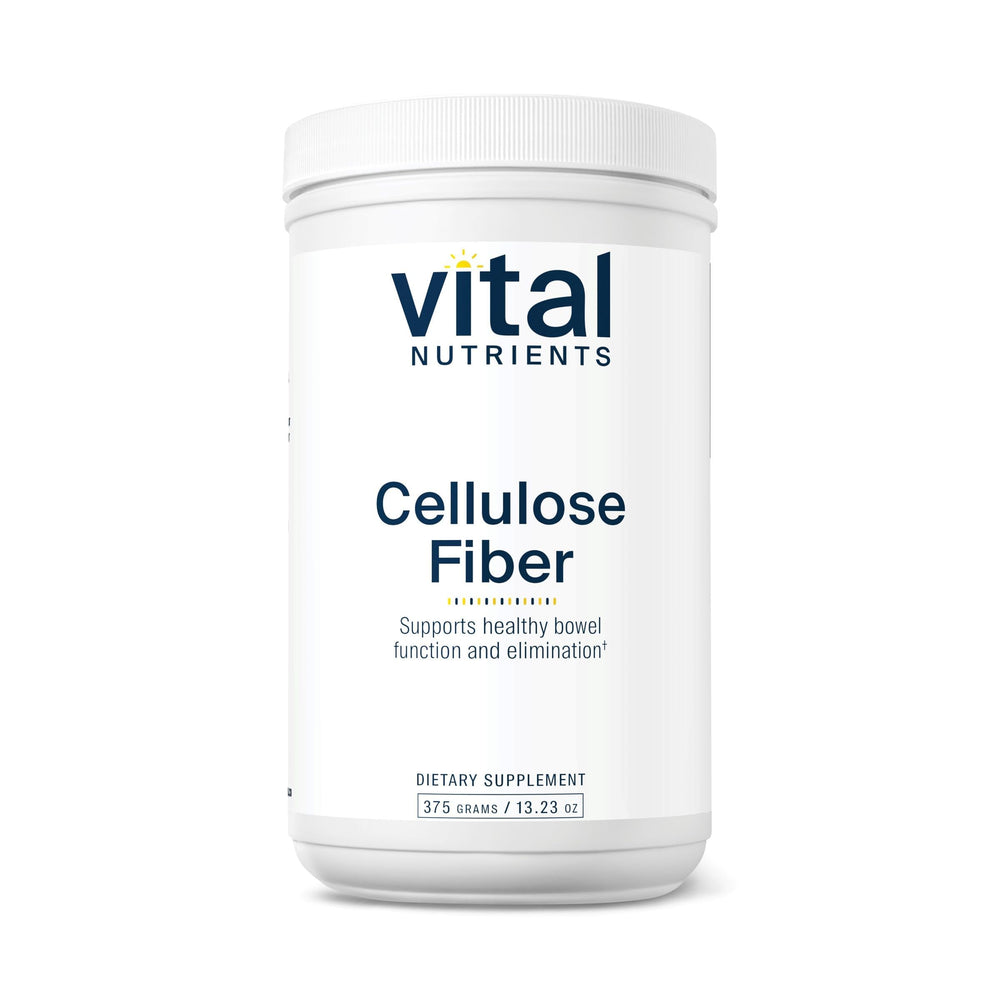 Vital Nutrients cellulose-fiber-powder-bottle shows insoluble fiber for normal bowel function.