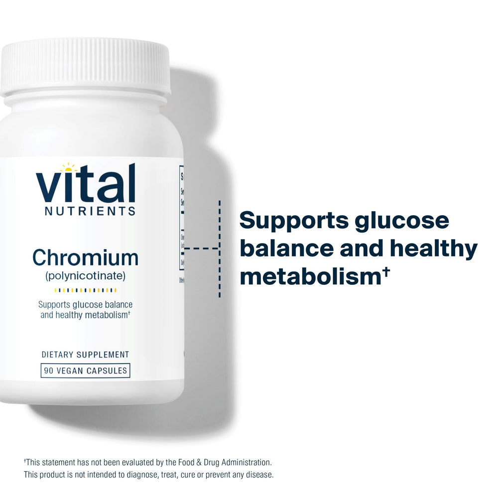 Vital Nutrients chromium polynicotinate bottle label close-up highlighting 200mcg dosage