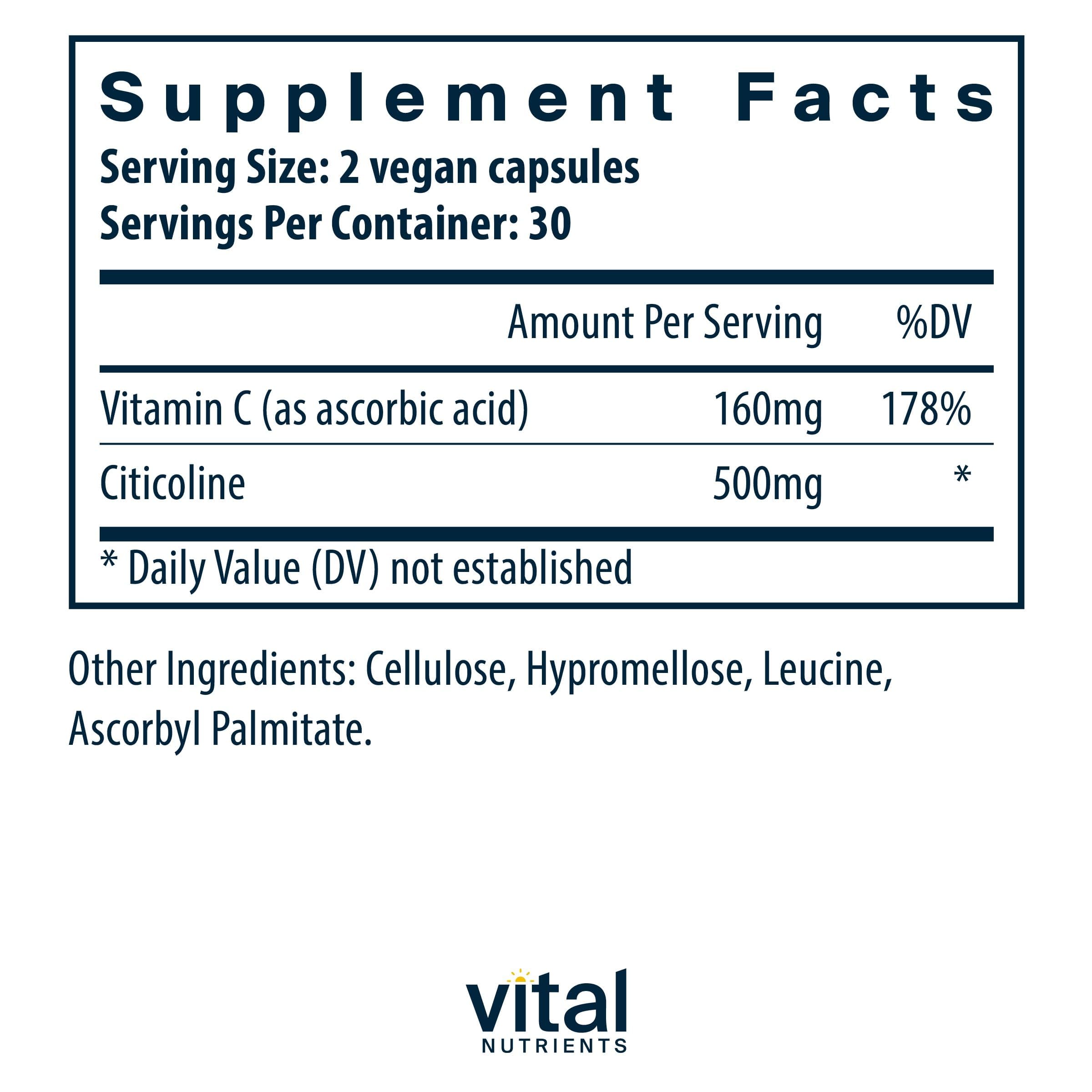 Vital Nutrients Citicoline capsules close-up highlighting vegetarian formula for focus.