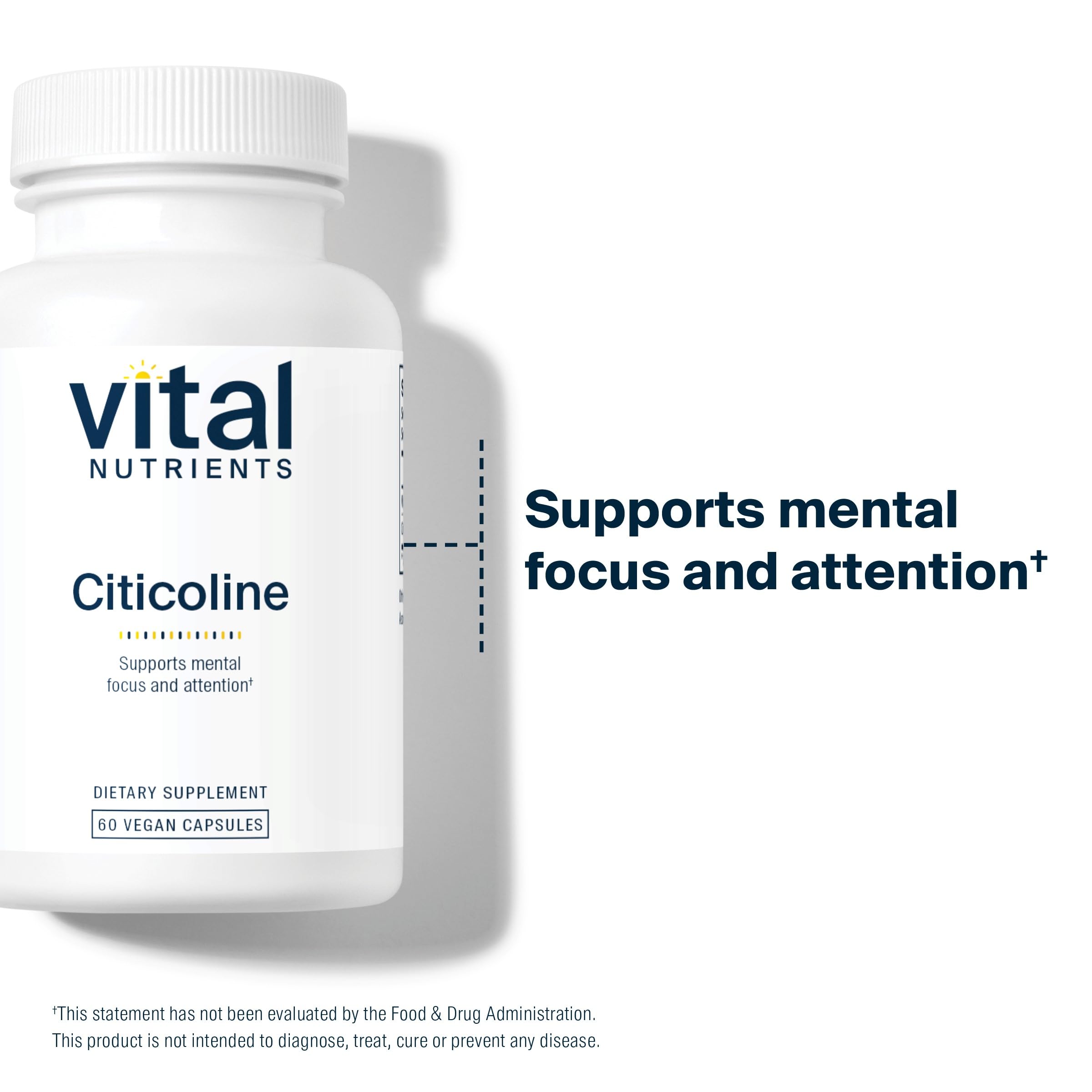 Glass of water beside Vital Nutrients Citicoline for daily use.