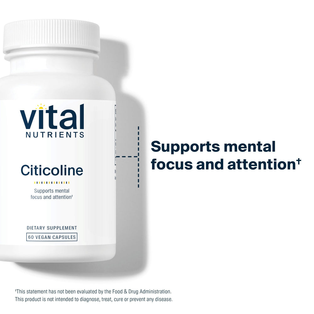 Glass of water beside Vital Nutrients Citicoline for daily use.