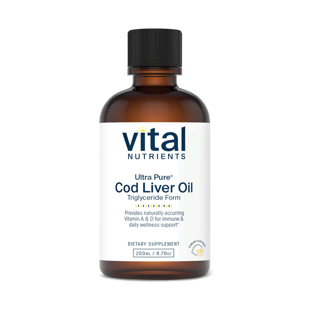 Vital Nutrients cod liver oil 1025 bottle on a clean counter highlighting omega-3 benefits