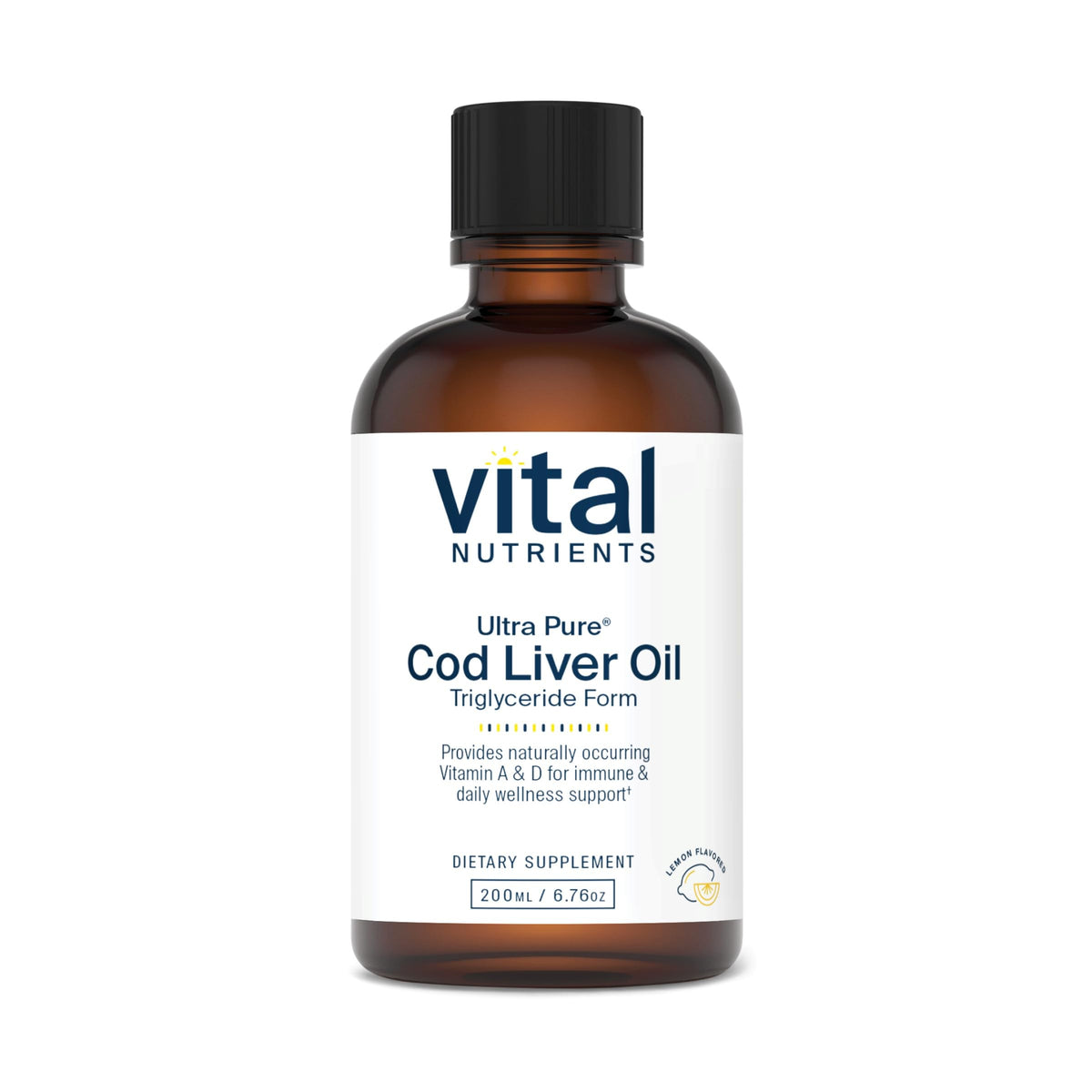 Vital Nutrients cod liver oil 1025 bottle on a clean counter highlighting omega-3 benefits