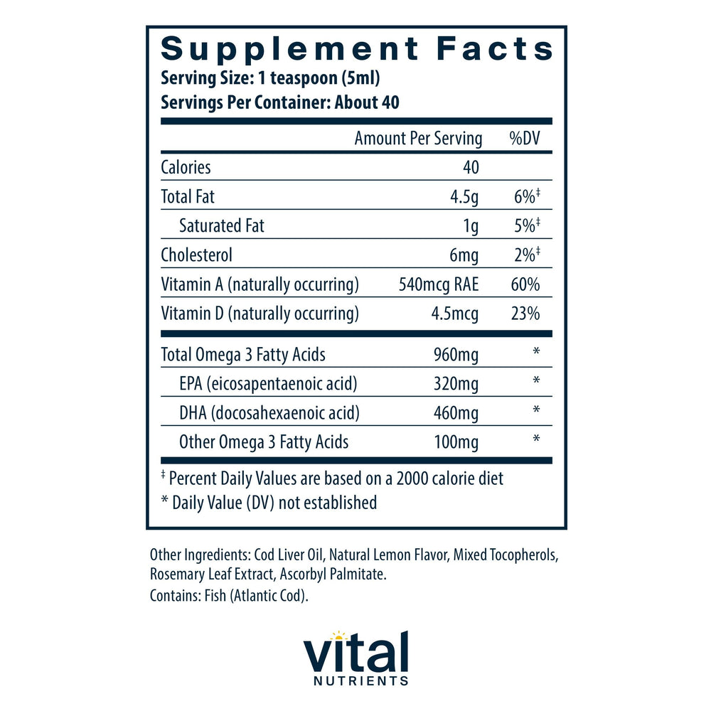 Pouring Vital Nutrients cod liver oil shows smooth, golden oil for daily use