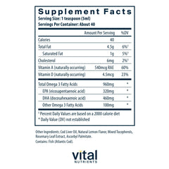 Pouring Vital Nutrients cod liver oil shows smooth, golden oil for daily use