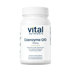 Vital Nutrients CoQ10 300mg bottle showcasing vegan heart support and energy potential.