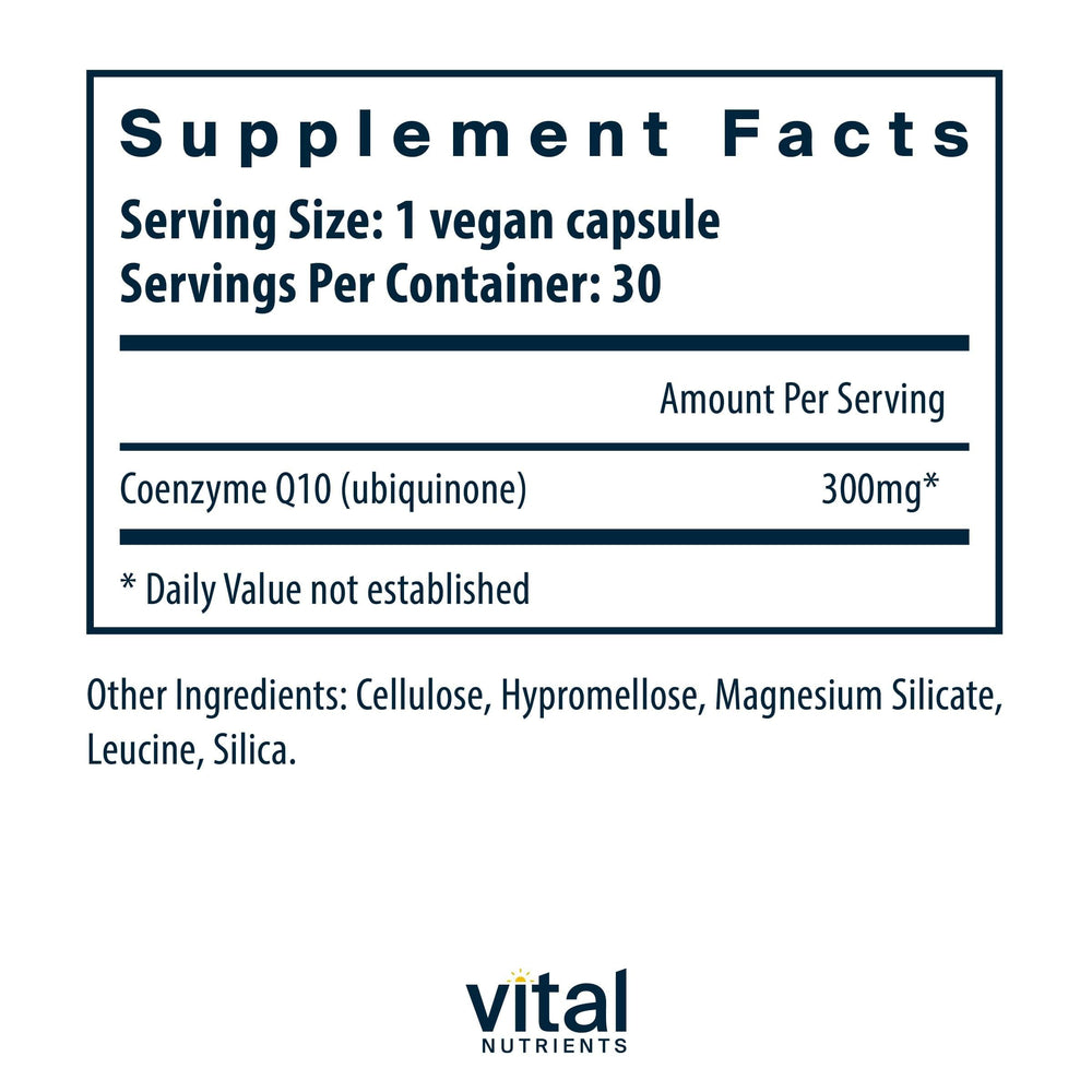 Vital Nutrients CoQ10 label close-up emphasizes quality and purity.