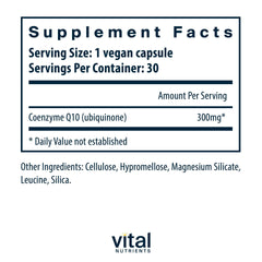 Vital Nutrients CoQ10 label close-up emphasizes quality and purity.