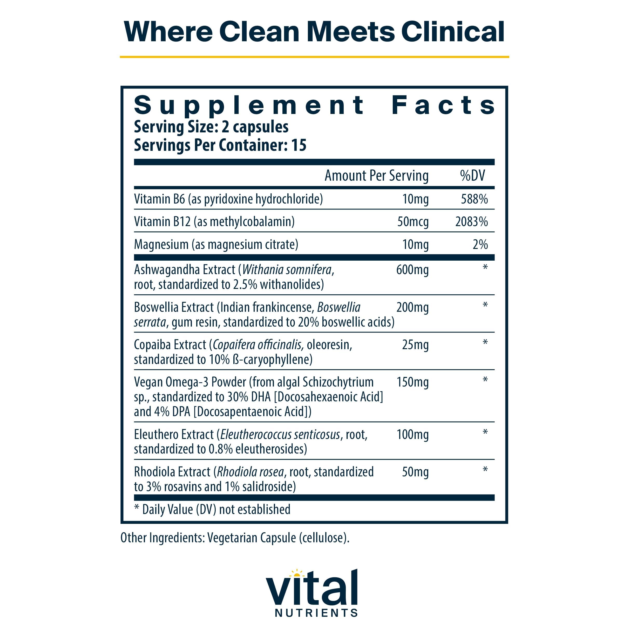 Vital Nutrients Cortisol Balance capsules close-up highlights vegan stress relief capsules.