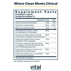 Vital Nutrients Cortisol Balance capsules close-up highlights vegan stress relief capsules.