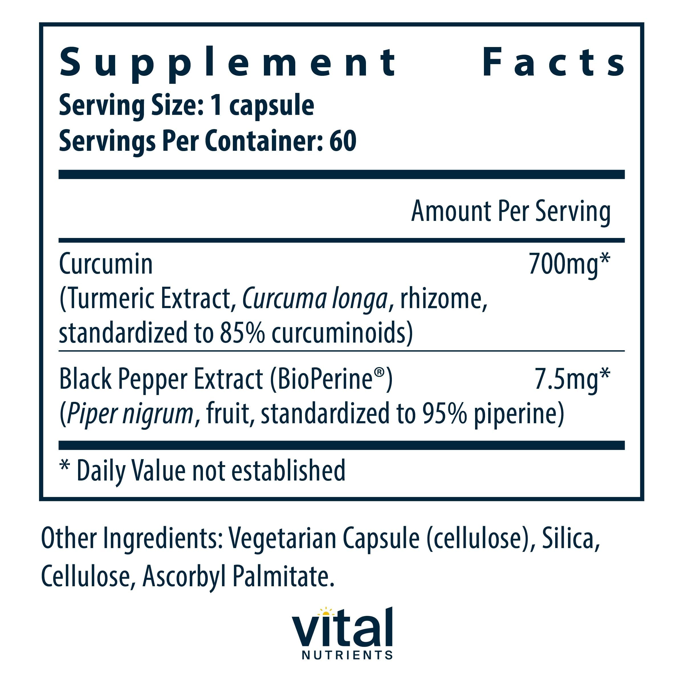 Vital Nutrients curcumin extract bottle label showing vegan, allergen-friendly formula.