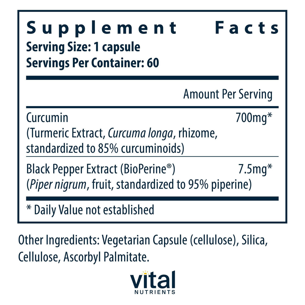 Vital Nutrients curcumin extract bottle label showing vegan, allergen-friendly formula.