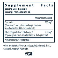 Vital Nutrients curcumin extract bottle label showing vegan, allergen-friendly formula.