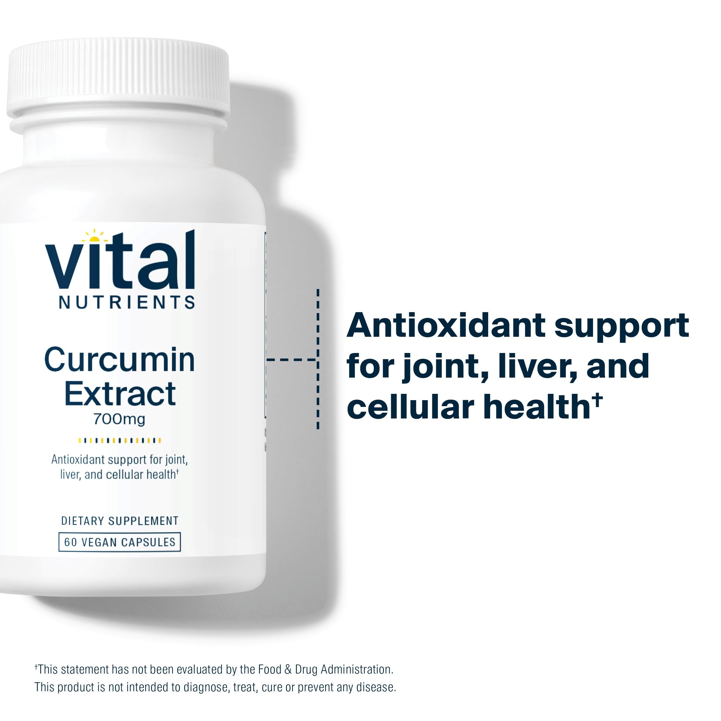 Vital Nutrients curcumin capsules shown with daily-use illustration.