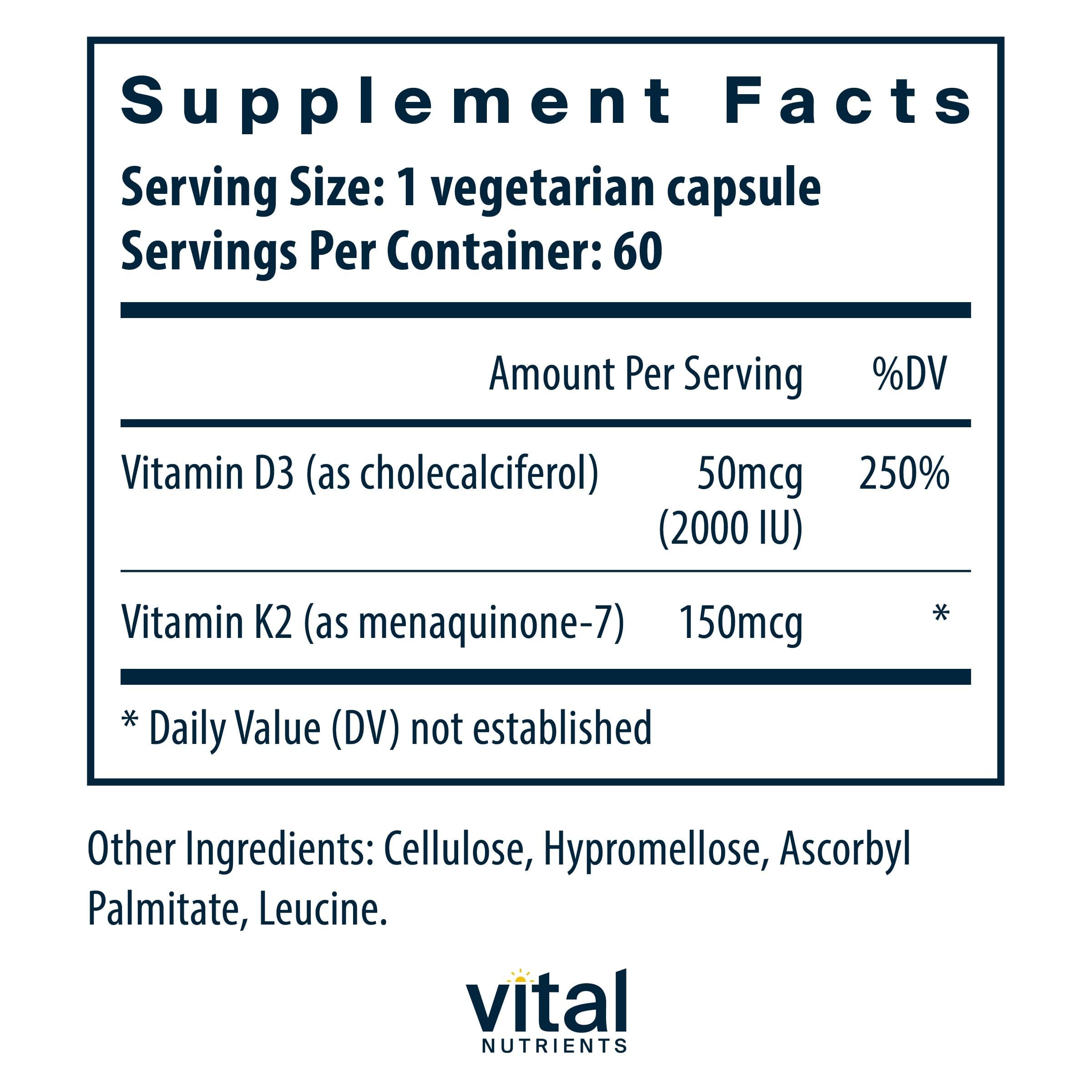 Close-up of Vital Nutrients D3 + K2 capsules for easy daily dosing