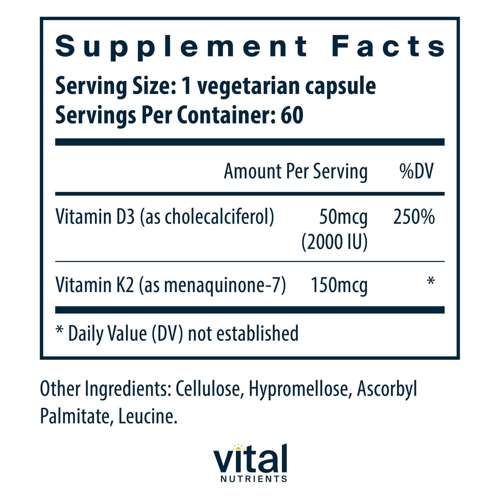 Close-up of Vital Nutrients D3 + K2 capsules for easy daily dosing