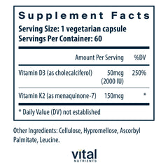 Close-up of Vital Nutrients D3 + K2 capsules for easy daily dosing