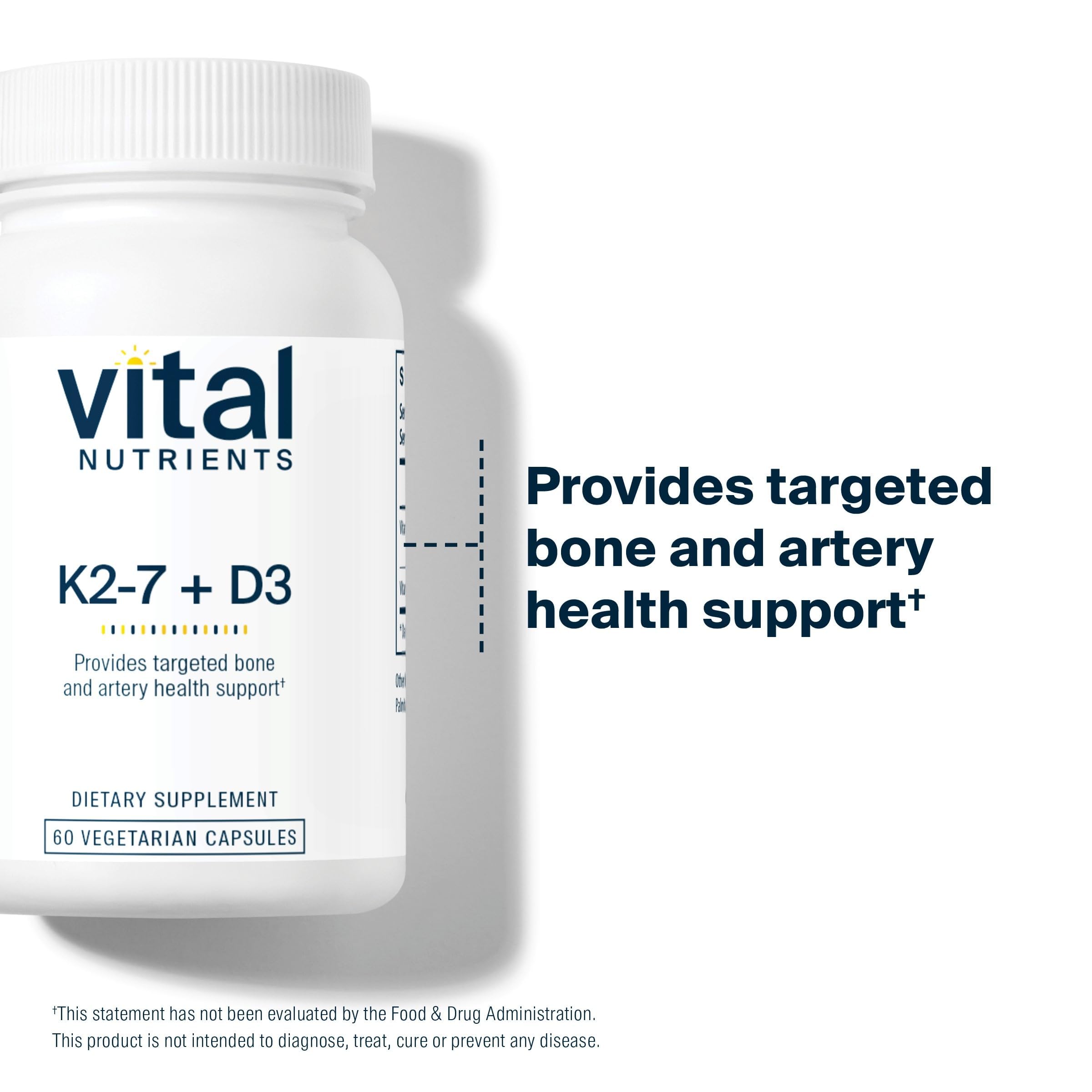 Vital Nutrients D3 + K2 capsules shown with label indicating allergen-free formula