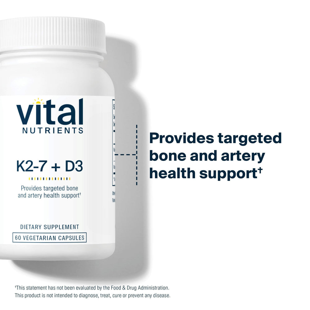 Vital Nutrients D3 + K2 capsules shown with label indicating allergen-free formula