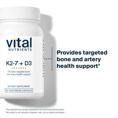 Vital Nutrients D3 + K2 capsules shown with label indicating allergen-free formula