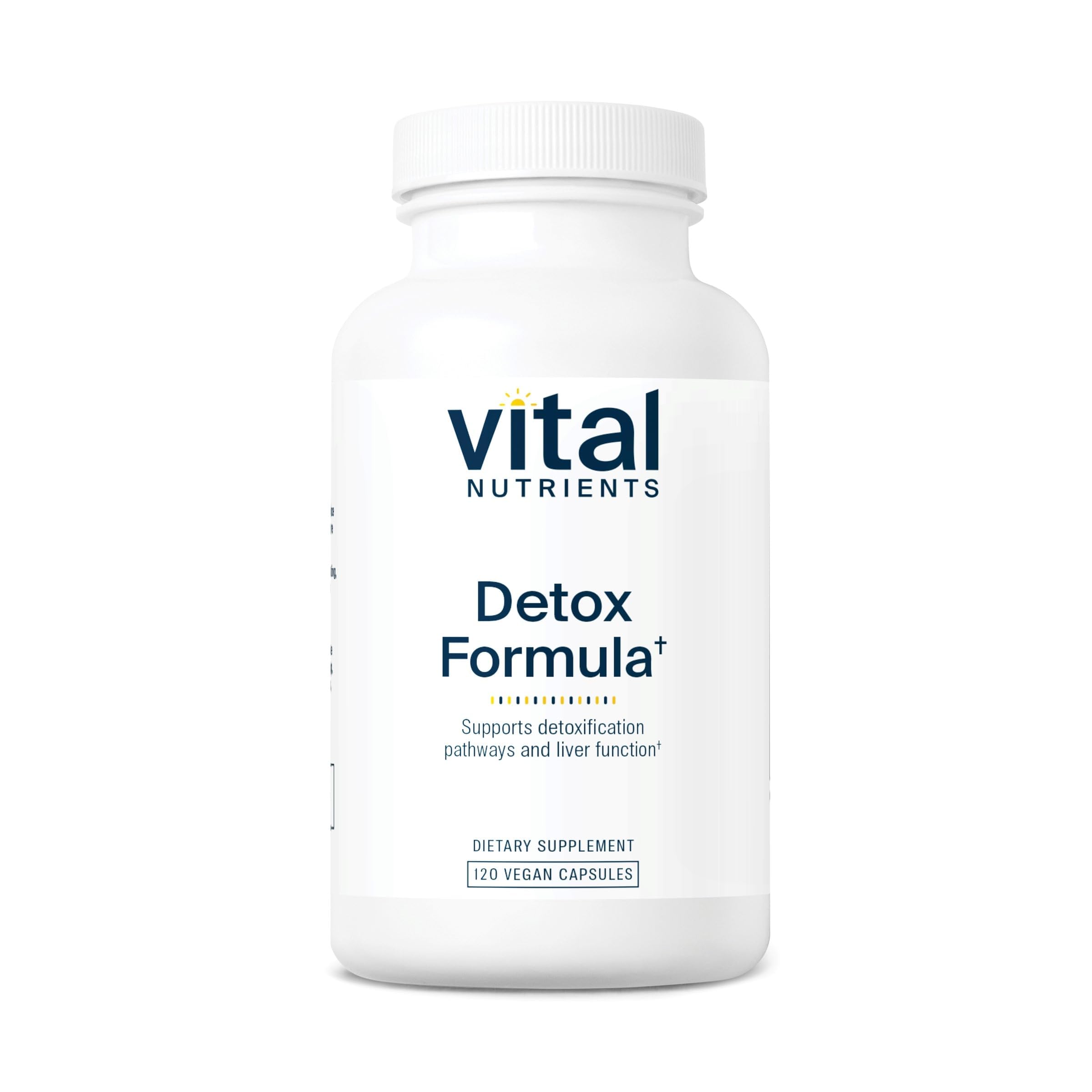Vital Nutrients Detox bottle label highlighting vegan, allergen-free detox support.