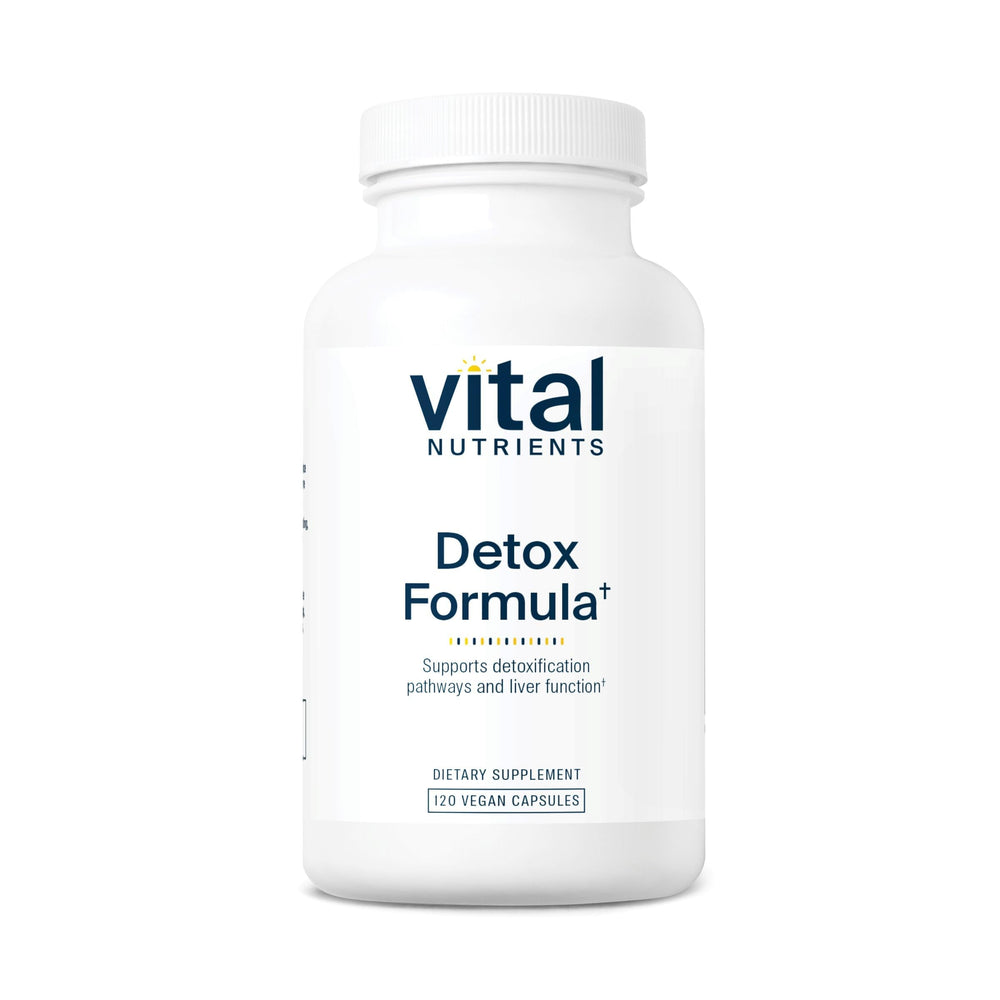 Vital Nutrients Detox bottle label highlighting vegan, allergen-free detox support.