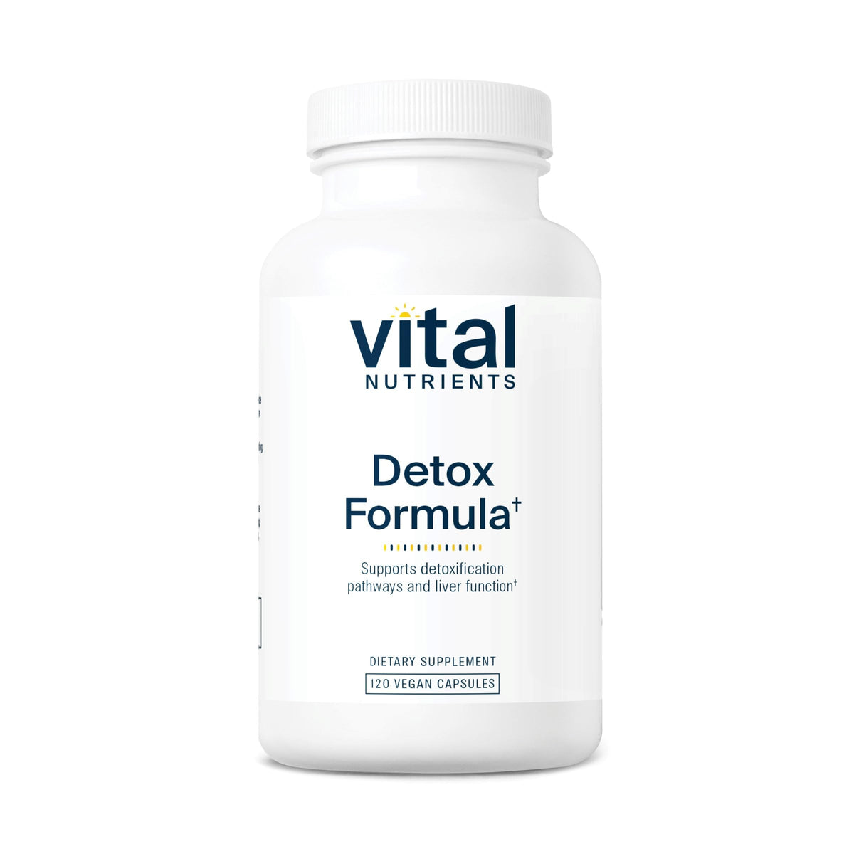Vital Nutrients Detox bottle label highlighting vegan, allergen-free detox support.