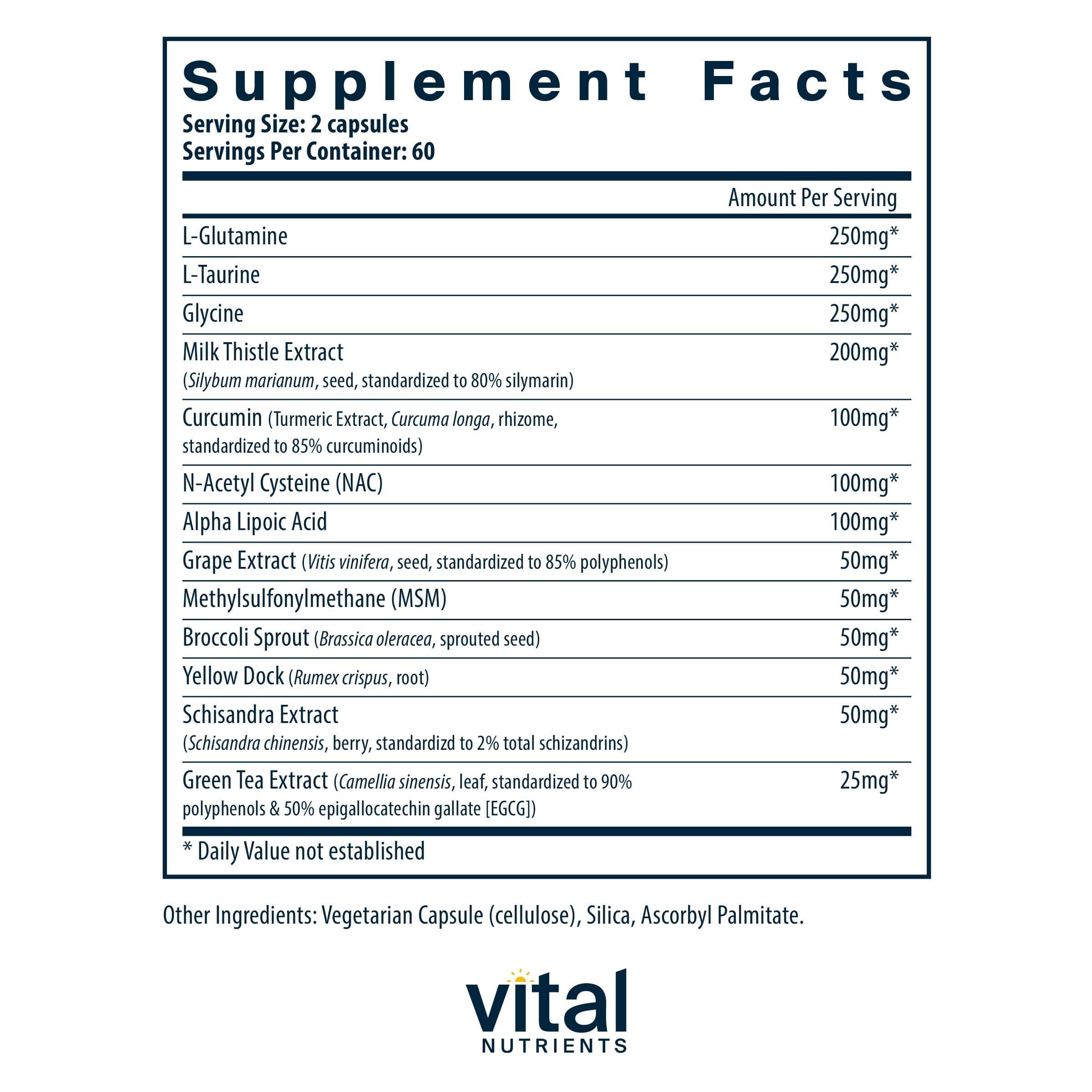 Vital Nutrients Detox capsules being poured for daily antioxidant support.
