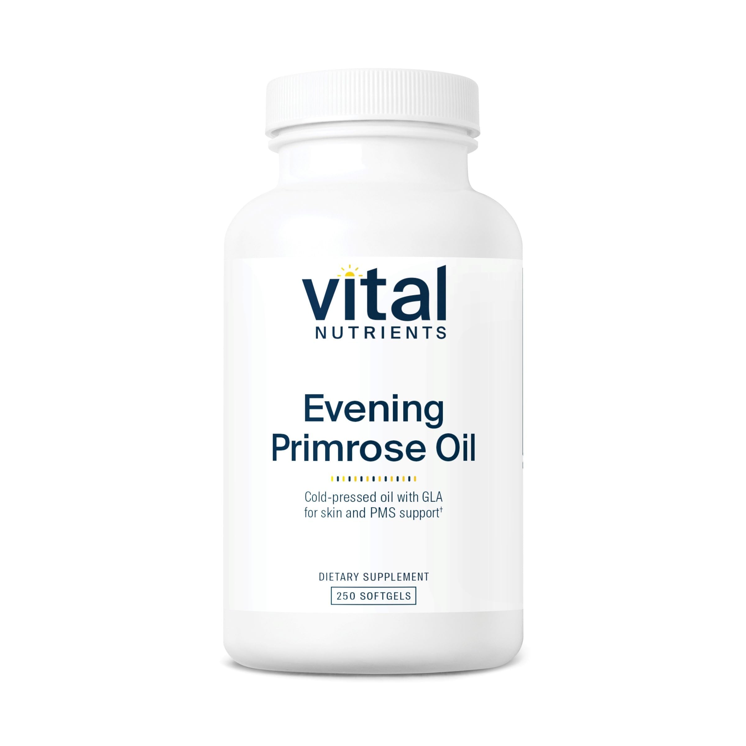 Vital Nutrients Evening Primrose Oil 1000mg bottle with softgels for skin support.