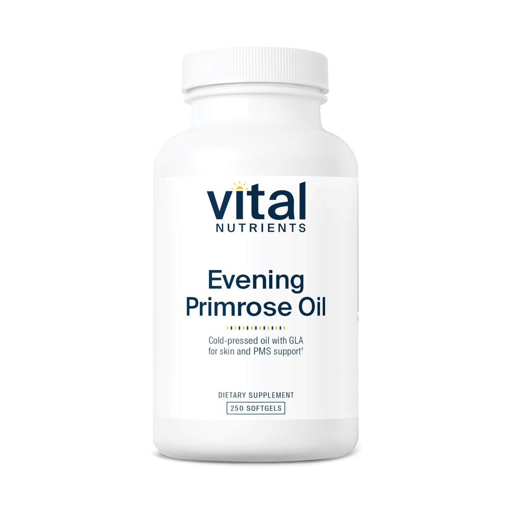 Vital Nutrients Evening Primrose Oil 1000mg bottle with softgels for skin support.