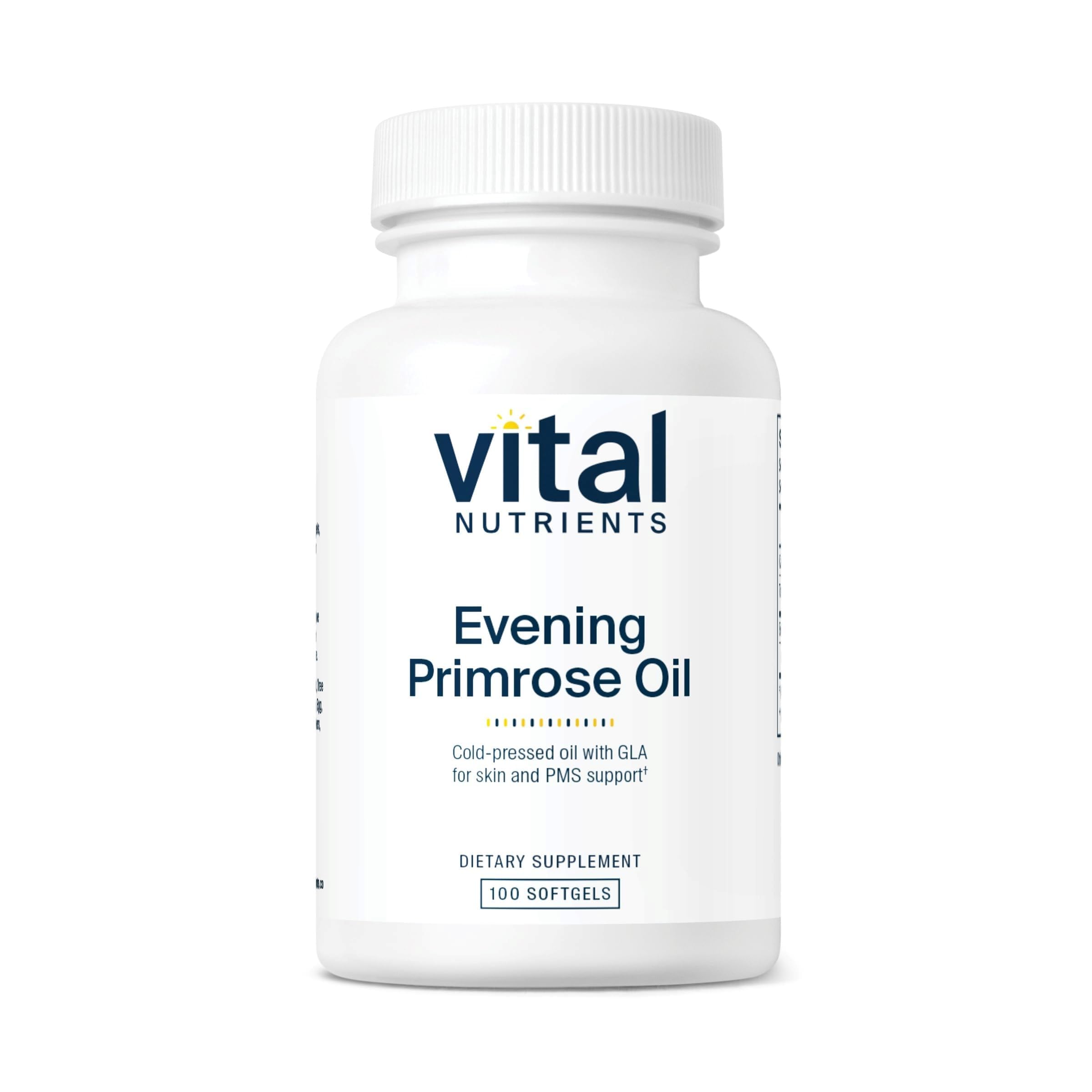 Vital Nutrients Evening Primrose Oil bottle labeled for daily skin and PMS support