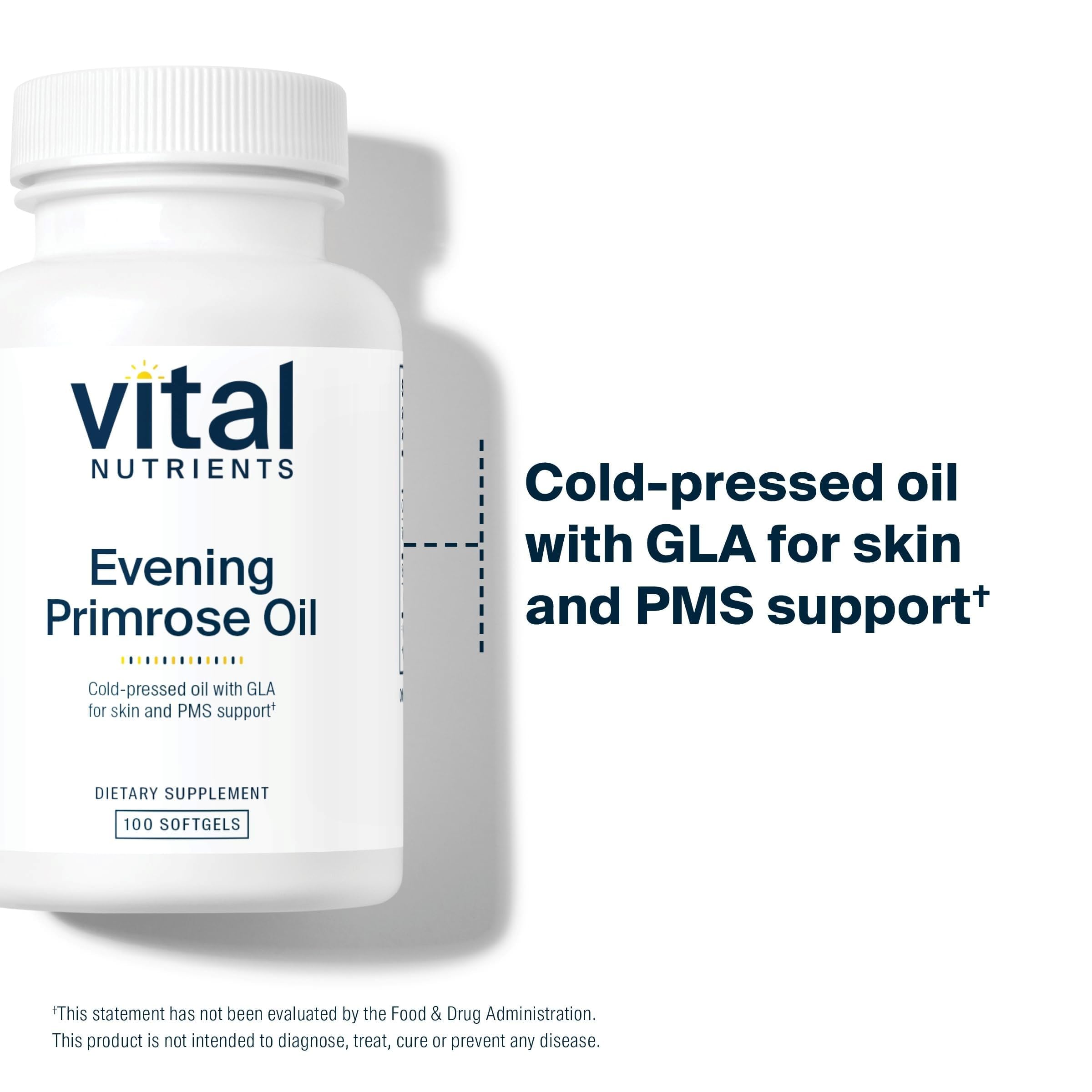 Vital Nutrients Evening Primrose Oil label close-up showing purity and clean ingredients