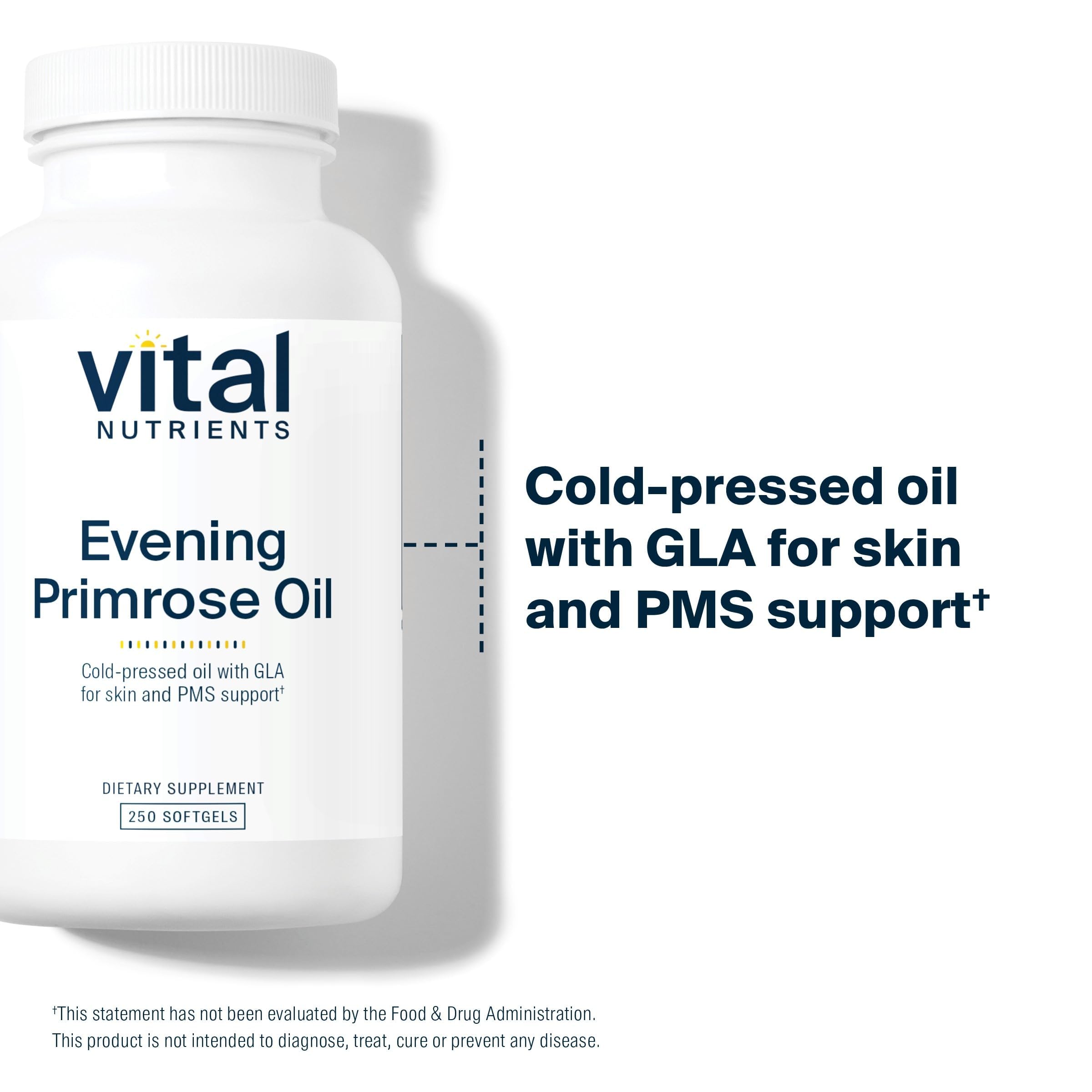 Vital Nutrients Evening Primrose Oil being poured for easy daily dosage visual.