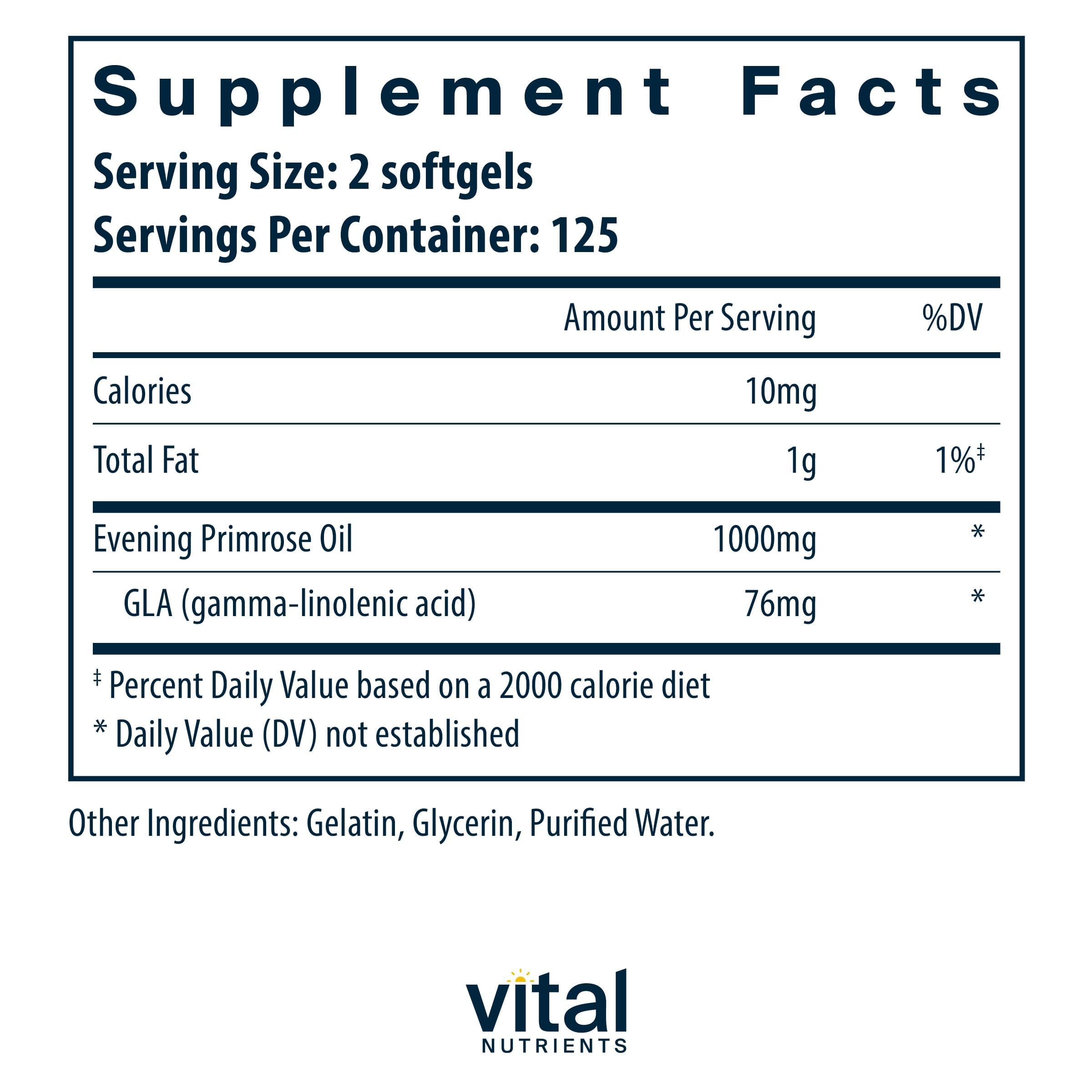 Vital Nutrients Evening Primrose Oil softgels close-up for skin and PMS comfort.