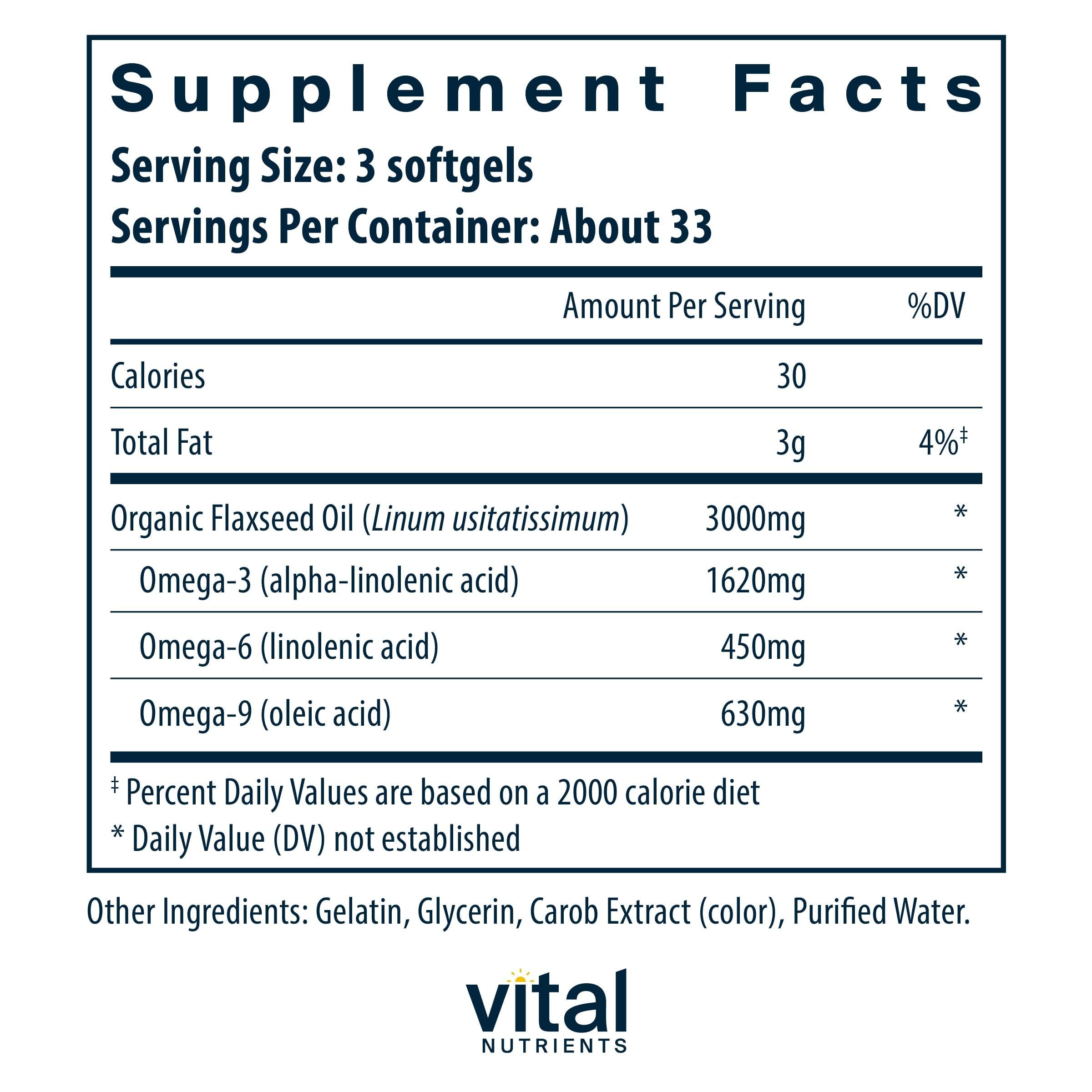 Vital Nutrients flax oil 3000mg bottle pour for easy daily dosage