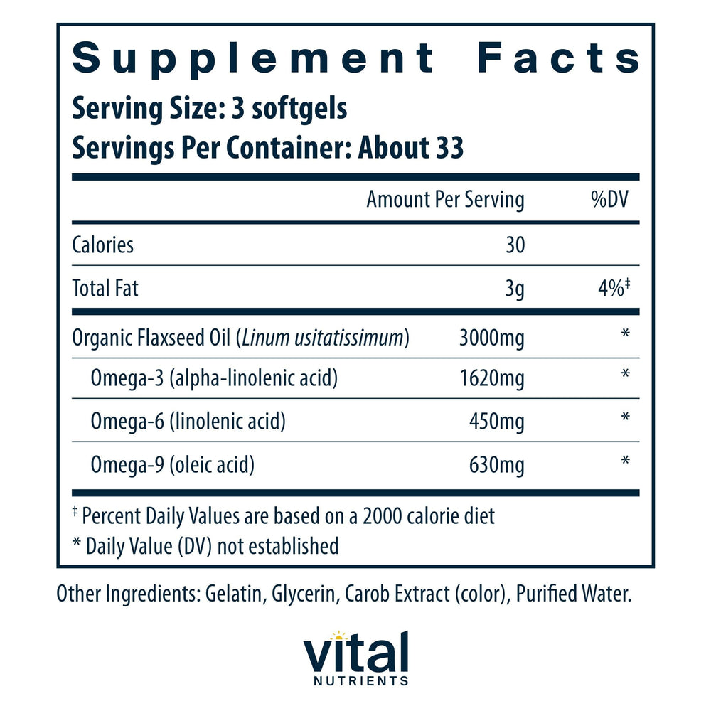 Vital Nutrients flax oil 3000mg bottle pour for easy daily dosage
