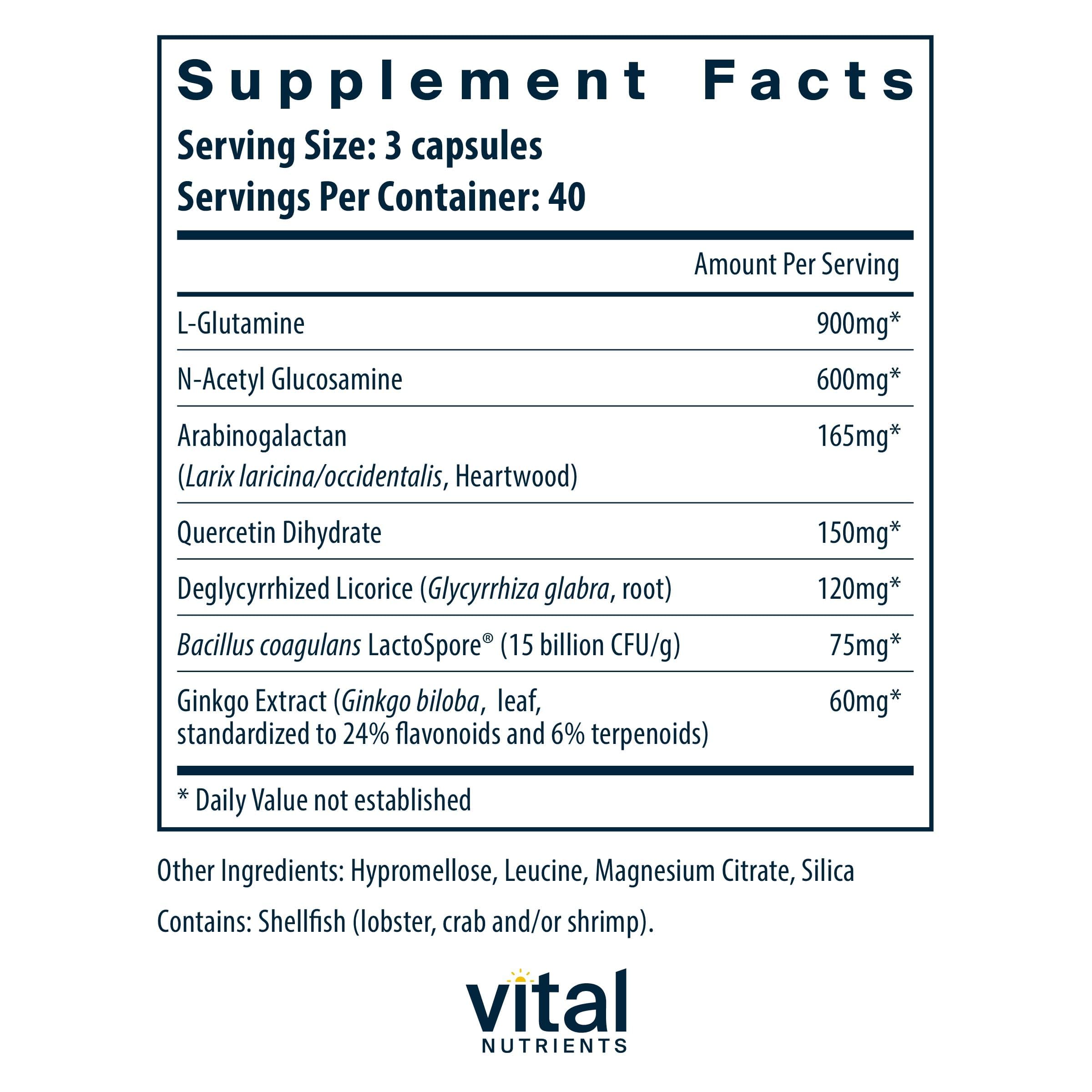 Vital Nutrients GI Repair Nutrients label closeup showing L-Glutamine and N-Acetyl Glucosamine details